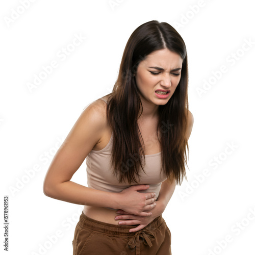 Young Woman Suffering Abdominal Pain with Hands On Stomach On Transparent