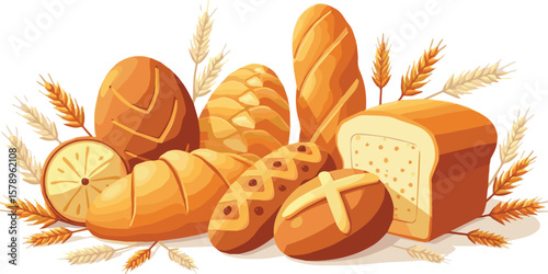 Create a kinds of deferent 3D Bread product with wheat ears set vector art with white background.