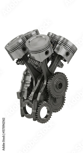 Realistic Illustration of V8 Engine Metal Gears and Silver Pistons