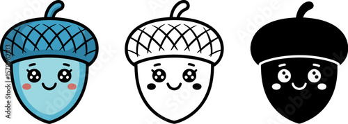 Cute acorn cartoon vector illustration set for kids autumn fall season nature drawing kawaii style drawing