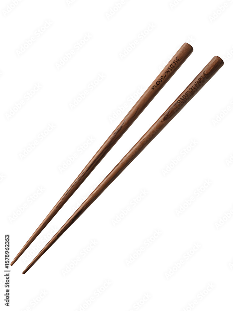 Pair of elegant dark wooden chopsticks with engraved text on white background Pair of elegant dark wooden chopsticks with engraved text on white background
