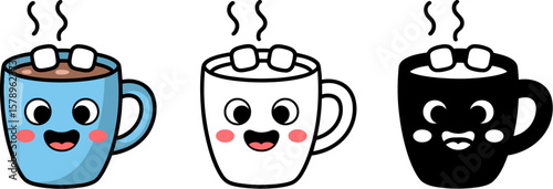 Cute cartoon hot chocolate with marshmallows vector illustration kawaii style design for kids and adults