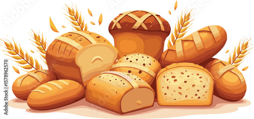 Create a kinds of deferent 3D Bread product with wheat ears set vector art with white background.