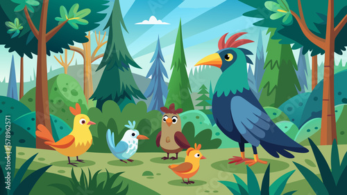 Diverse group of cartoon birds gathered in a colorful forest clearing