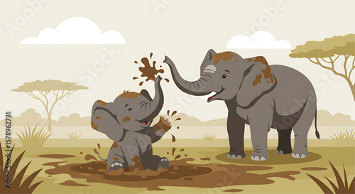 Two playful elephants enjoying a mud bath in a savanna landscape.