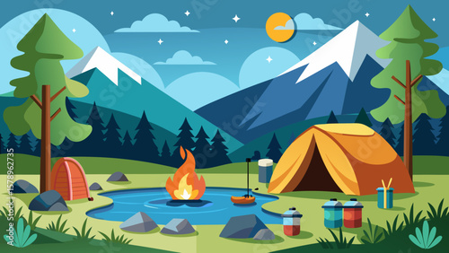 Flat design camping scene with tents campfire lake and mountains at night