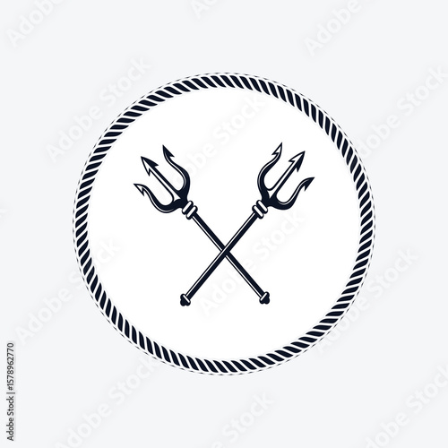 Ancient diving helmet with trident vector objects isolated on white