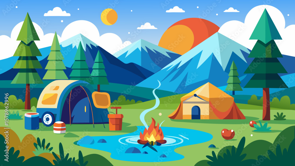 Vibrant cartoon camping scene with tents campfire lake and mountains Vibrant cartoon camping scene with tents campfire lake and mountains