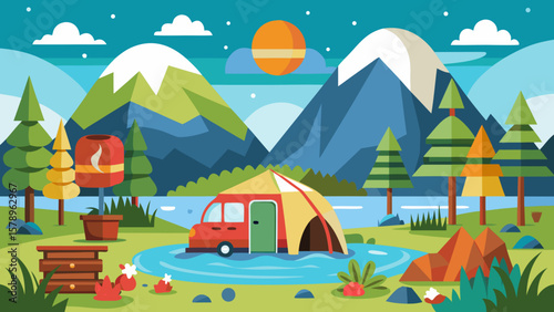 Flat design illustration of a camping scene with mountains and a lake