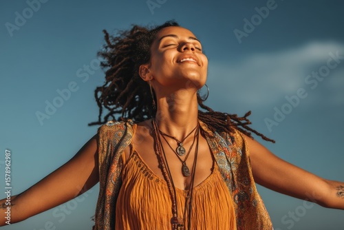 Empowering woman embraces positive thinking and manifestation techniques outdoors