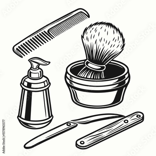 Vintage Barber Tools Vector Comb, Shaving Brush, Soap Dispenser, and Razor Illustration in Monochrome Style
