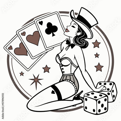 Retro Pin-Up Girl with Playing Cards and Dice A Vintage-Inspired Casino Illustration for Luck and Entertainment