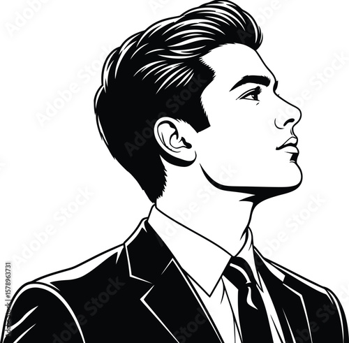 Illustration of a man in a suit looking up in black and white style