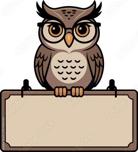 Cute cartoon owl with glasses holding blank sign vector illustration graphic design template for message board