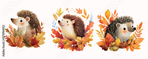 Watercolor set of cute autumn hedgehogs. Cute hedgehogs in cartoon style with autumn leaves. Cute forest characters of autumn forest. Characters for autumn school designs, autumn etc. 
