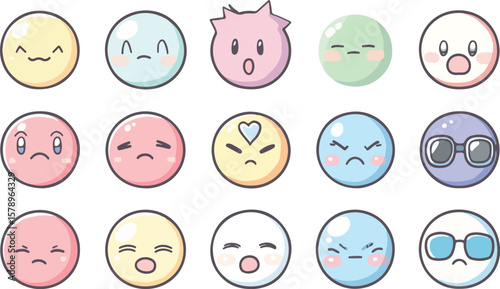 Cute Pastel Emoji Set with Various Expressions and Different Colors