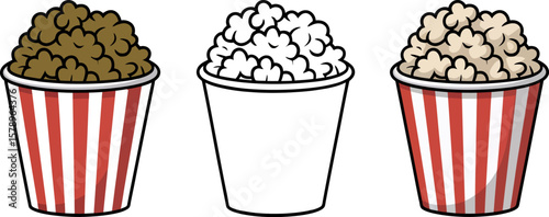 Three buckets of cartoon popcorn illustration for movie night snack food vector graphic design concept