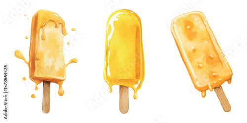 Collection of watercolor caramel ice cream on a stick png. Yellow ice cream melting on a wooden stick. Frozen summer sweets. Summer cold dessert. Vector illustration.