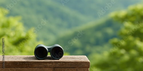 Binoculars rest on a wooden ledge overlooking a blurred, lush green forest. Outdoor exploration and observation concept
