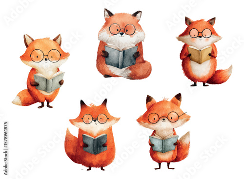 Watercolor set of cute red foxes in coats holding a book. Cute foxes with a book in cartoon style. Characters reading books. Children's characters for school, studying, reading, etc.