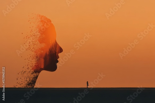 Exploring self-discovery at sunset through abstract human silhouette and nature