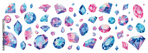 Set of watercolor diamonds in png format. Various gemstones for jewelry. Jewelry elements diamonds.citrine,crystals. Watercolor sparkling diamonds. Vector illustration.