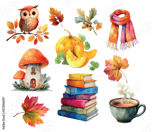 Set of watercolor autumn elements png. Cute owl, scarf, pumpkin, mushroom house, cup of tea. books and autumn leaves. Watercolor cute autumn elements. Autumn atmosphere. Vector illustration.
