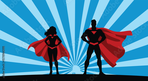 A dynamic silhouette of a superhero couple with flowing capes against a blue radial background, symbolizing power, strength, and heroic action