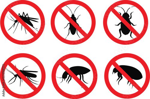 Create a kinds of deferent Mosquito cockroach flea warning signs vector art with white background.