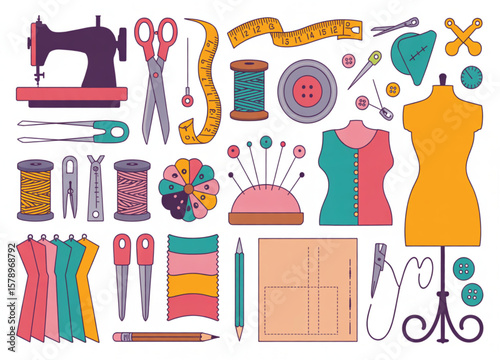 "Colorful Flat Illustration of Sewing and Tailoring Tools"

