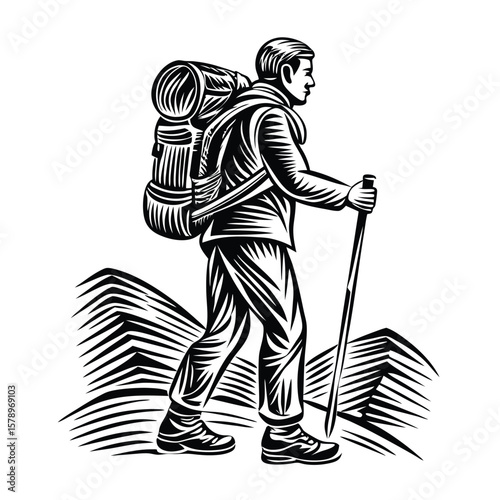 Hiker with backpack and trekking pole on mountain walking