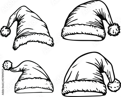 Create a kinds of deferent Santa hat drawings vector art with white background.