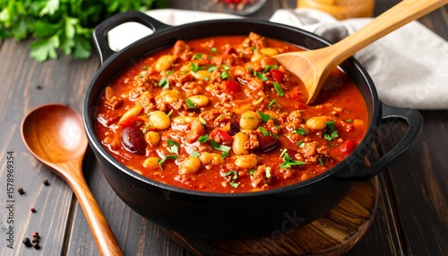Hearty chili in a large pot