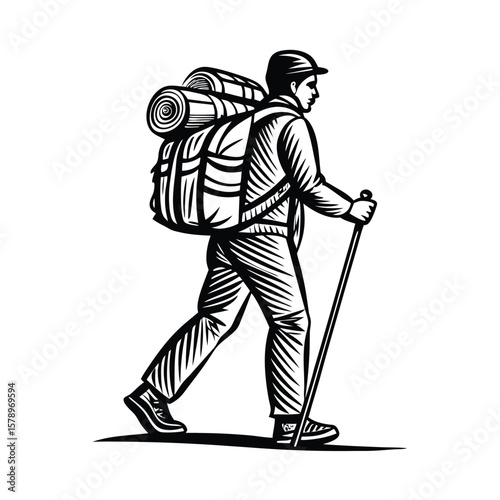 Hiker with backpack and trekking pole walking outdoor