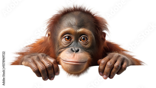 An adorable baby orangutan with curious eyes peeks over a surface, showcasing its charming and innocent expression isolated on transparent background