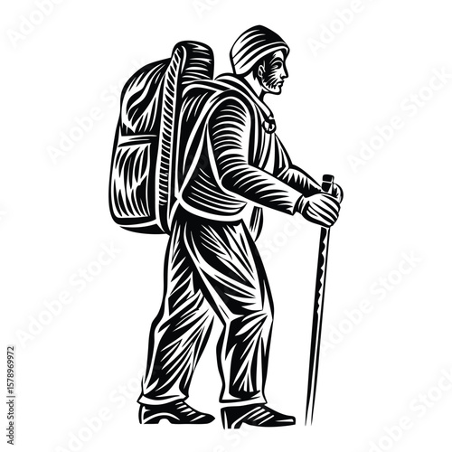 Hiker with backpack and walking stick black and white