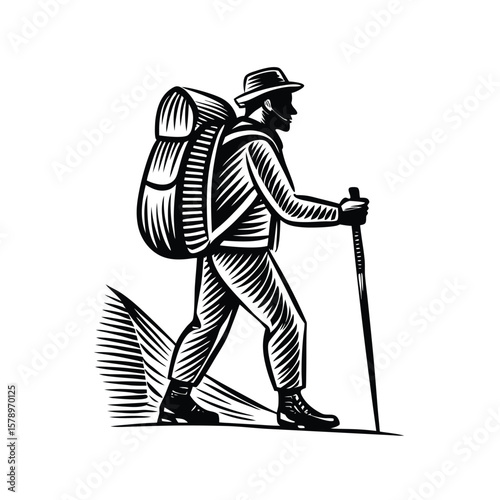 Hiker with backpack and walking stick boots