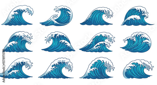 A collection of stylized blue ocean waves with white foam, isolated on white background, perfect for adding a dynamic and nautical touch to any design