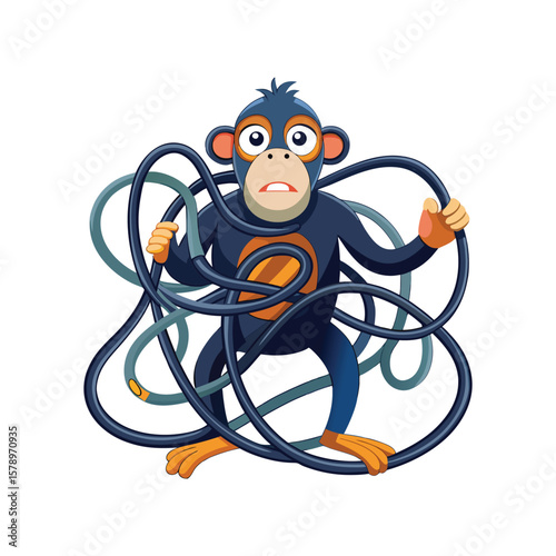 Confused Monkey Tangled in Ethernet Cables Vector – Funny Office Tech Fail Illustration – Internet Trouble Concept for Workplace Humor and Digital Frustration Designs