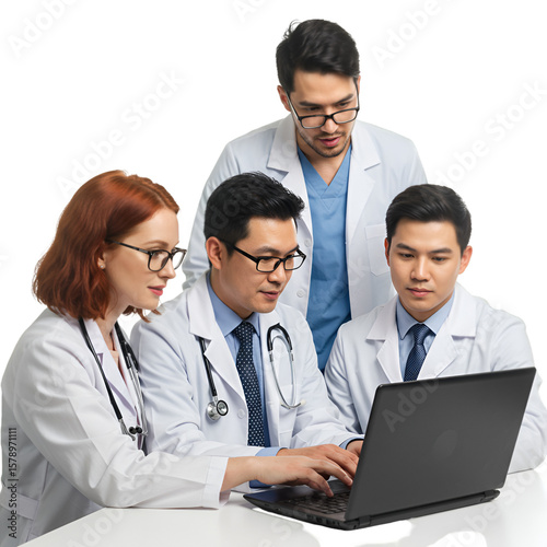 Team Of Medical Professionals Work On Laptop With Transparent Background
