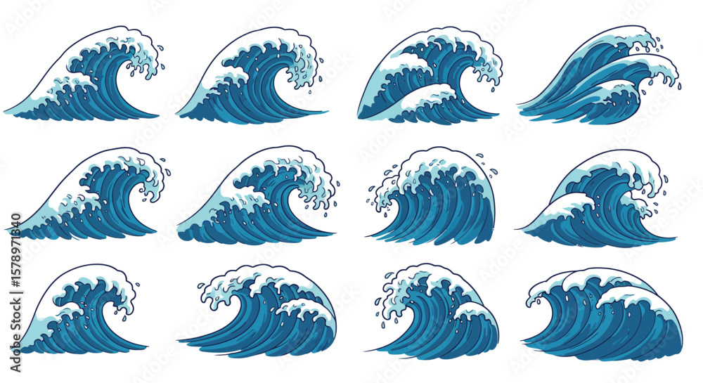 Fototapeta premium A collection of stylized blue ocean waves with white foam, isolated on white background, perfect for adding a dynamic and nautical touch to any design