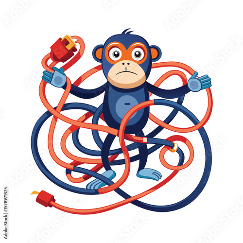 Confused Monkey Tangled in Ethernet Cables Vector – Funny Office Tech Fail Illustration – Internet Trouble Concept for Workplace Humor and Digital Frustration Designs