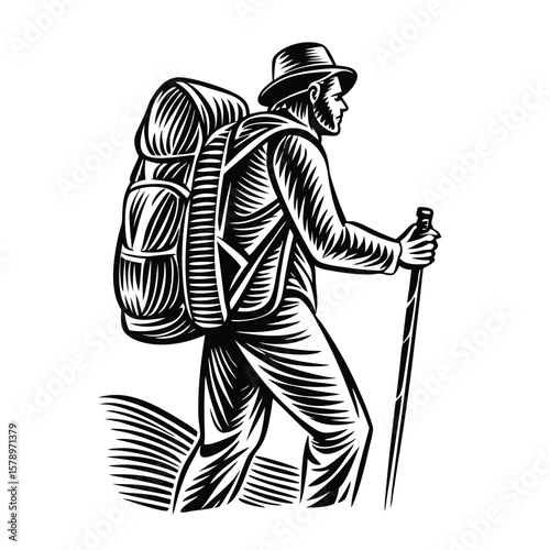Hiker with backpack and walking stick outdoor