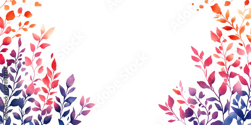 Watercolor illustration of colorful leaves and branches forming a frame on a white background, with hues of blue, purple, red, and orange.