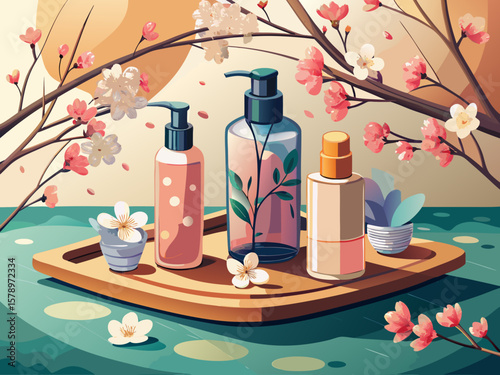 vector of Cream lotion and delicate serum bottles of serene skincare ritual on a minimalist tray decorated with delicate spring blossoms...