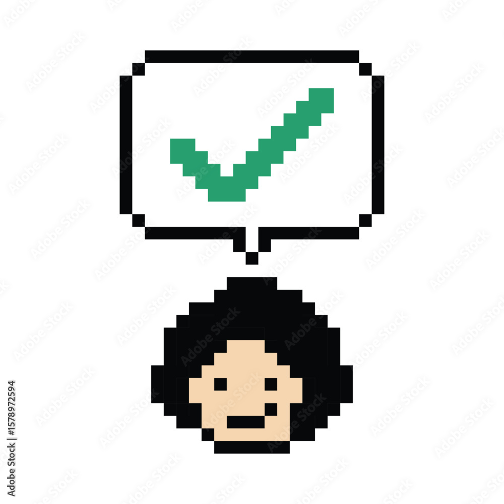 Fototapeta premium Cute pixel cartoon character man say chat feedback Ok accept okay accept decoration 8 bit male boy man talk good accept OK okay pixel game png vector.