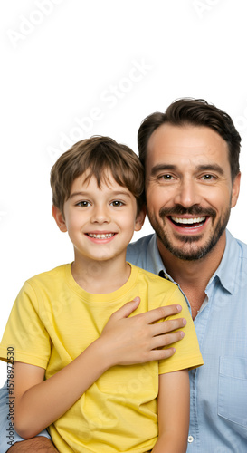 Transparent Background Portrait of Smiling Father with Son in Studio