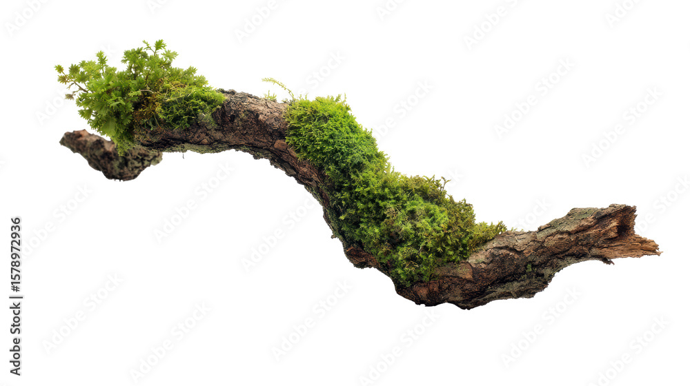 Curved branch covered with vibrant green moss, isolated on a white background. Curved branch covered with vibrant green moss, isolated on a white background.