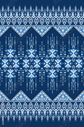 Traditional blue and white geometric textile pattern inspired by ethnic weaving, perfect for fabric design, digital prints, and cultural crafts.
