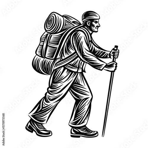 Hiker with backpack and walking stick trekking hiking